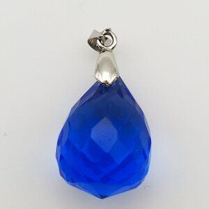 Blue Crystal Multi Faceted Tear Drop Pendant Silver Tone Bail 3D Dangly